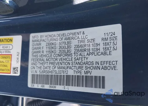 2025 Honda Cr-V Hybrid Sport-L z USA, uszkodzony, nr VIN 5J6RS6H87SL027612